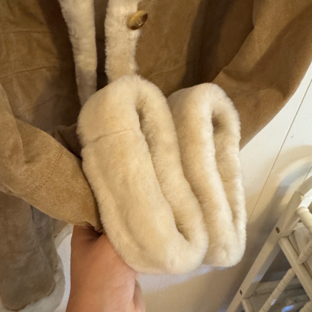 Vintage 90s Gallery Tan Leather Suede Shearling Faux Fur Jacket Coat size M - Picture 6 of 9
